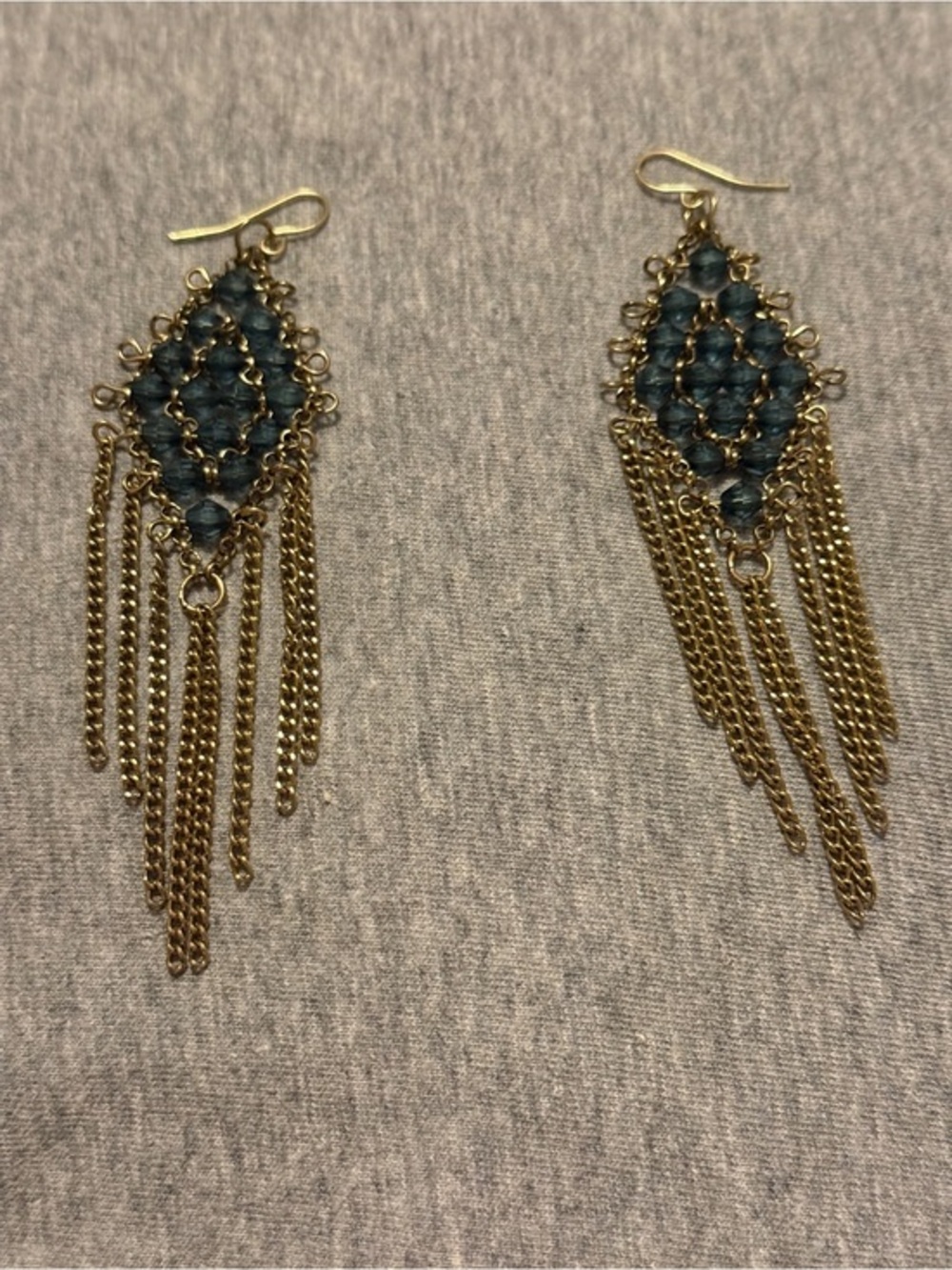 Gold-Tone Fringe Drop Earrings with Blue Beaded Diamond Motif - Picture 1 of 6